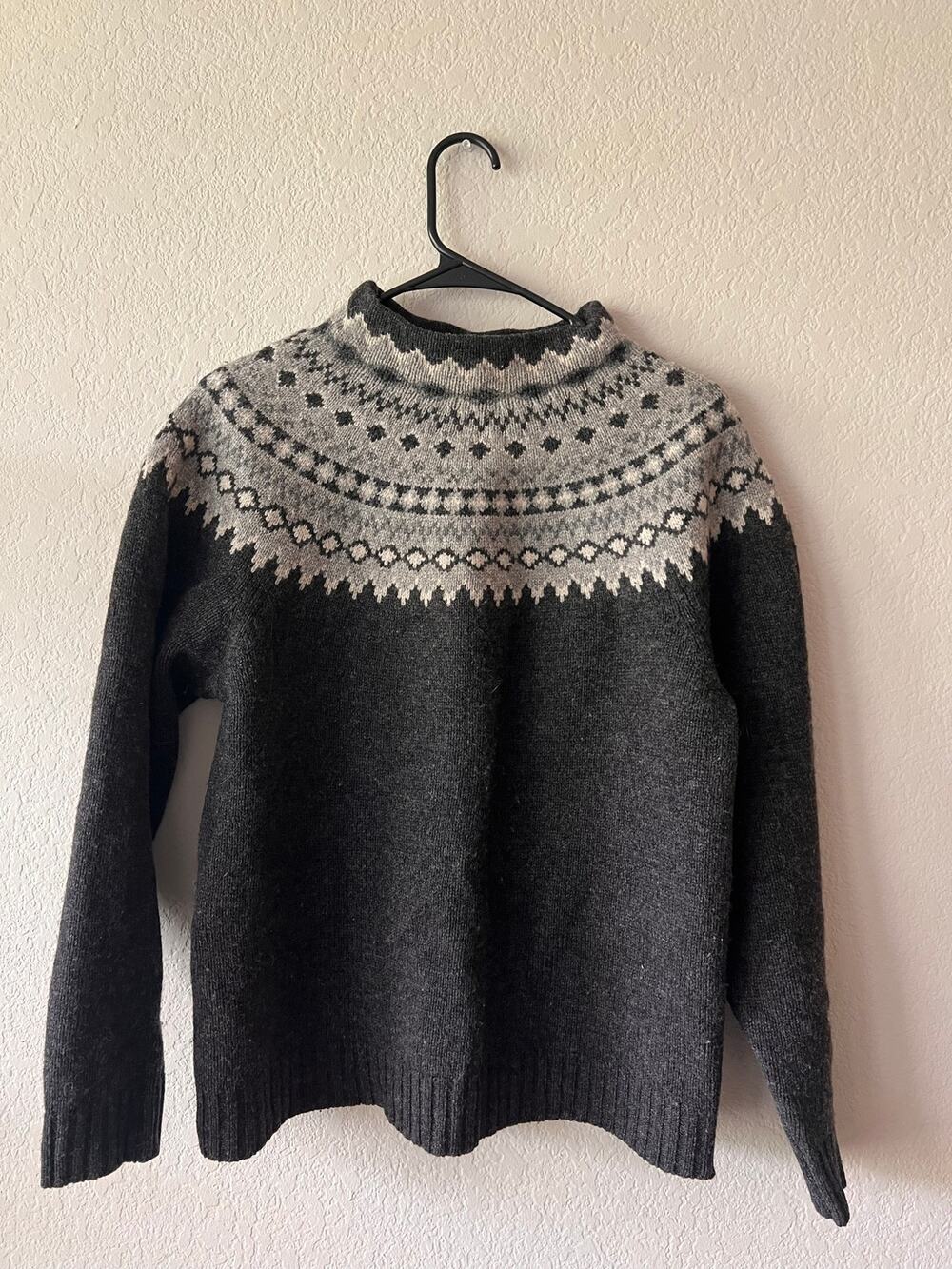 Vintage Eddie Bauer Fair Isle Nordic Wool Sweater Gray Black Pullover